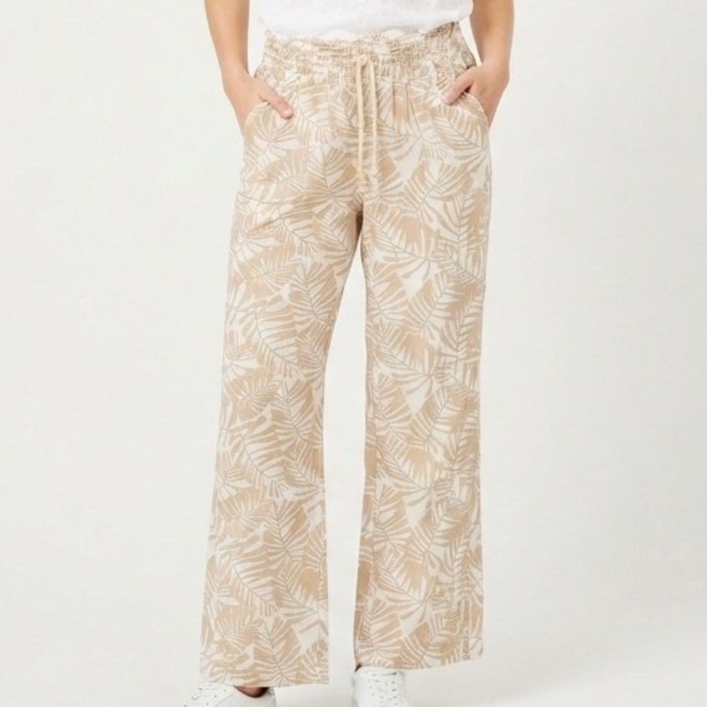 Cali 1850 Linen Blend Pants Womens Large Tan Tropical Palm Leaf Print Boho